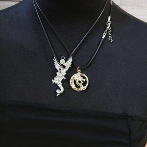 Dragon Pendants Necklace Silver and Gold Tone Winged Mythical Fantasy Charms 2PC